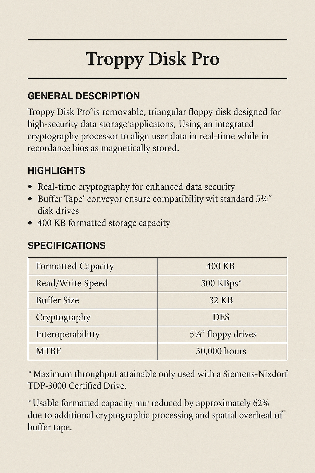 Troppy Disk Pro technical data sheet